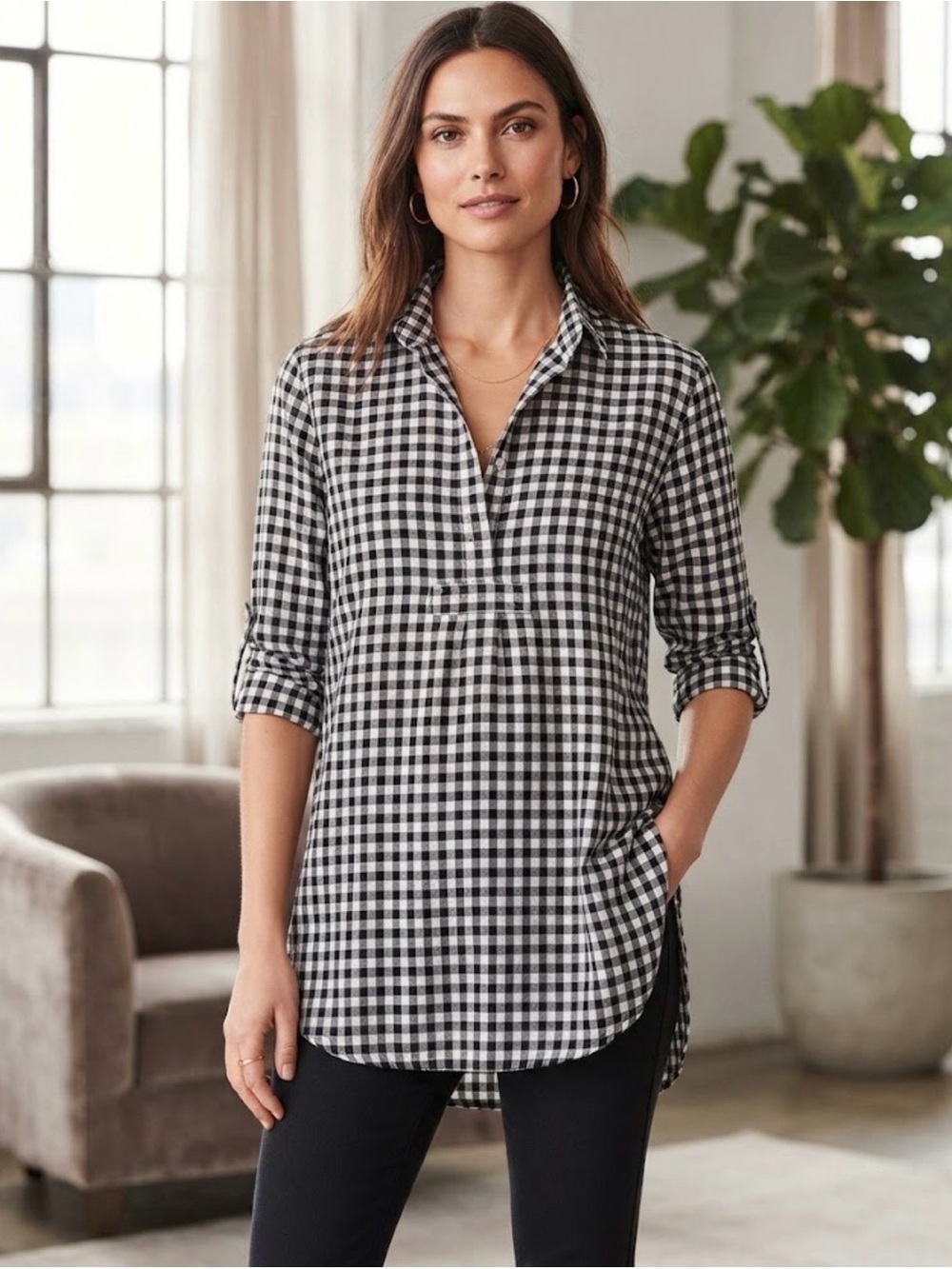 Madewell Black & White Gingham Button-Front Tunic